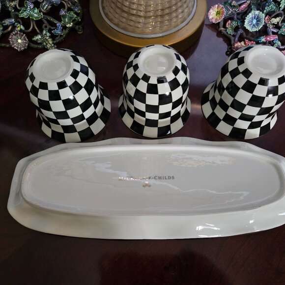 RARE 3 MACKENZIE CHILDS COURTLY CHECK BLACK TIE CERAMIC HERB POT CONTAINER TRAY - Picture 12 of 14